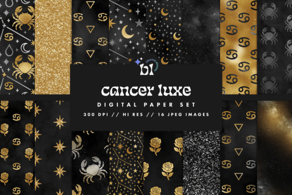 Download Black &amp; Gold Cancer Zodiac Digital Paper - Black Collection