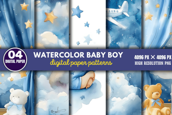 Download Watercolor Baby Boy Scenes Paper Pattern - Pattern Collection