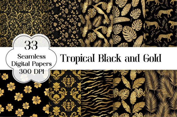 Download Tropical Black and Gold Digital Paper - Black Collection