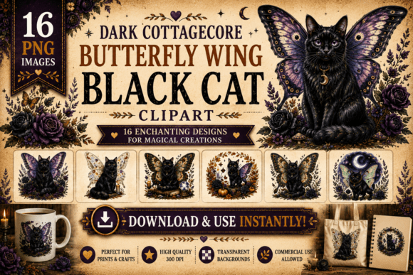 Download Dark Cottagecore Wing Black Cat Clipart - Black Collection