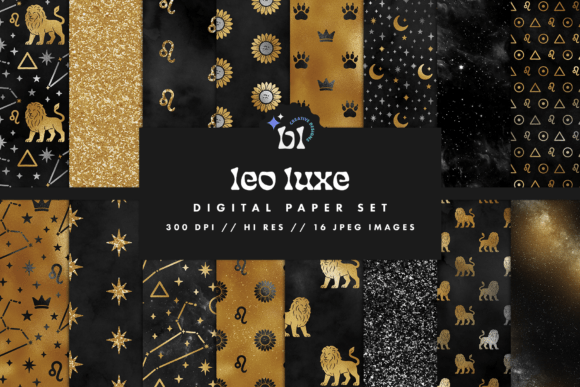 Download Black &amp; Gold Leo Zodiac Digital Paper - Black Collection