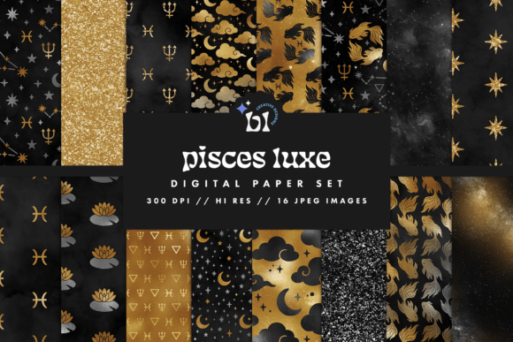 Download Black &amp; Gold Pisces Zodiac Digital Paper - Black Collection