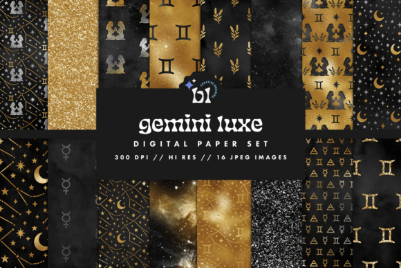 Download Black &amp; Gold Gemini Zodiac Digital Paper - Black Collection