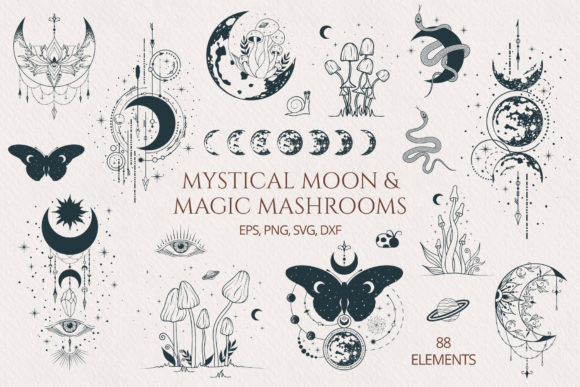 Download Mystical Moon &amp; Magic Mushrooms Set - Magic mushroom Collection