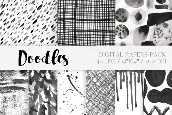 Download Black and White Doodle Digital Papers - Black Collection