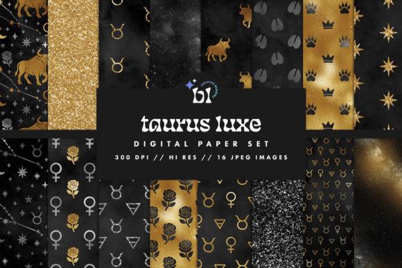 Download Black &amp; Gold Taurus Zodiac Digital Paper - Black Collection