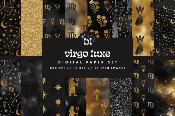 Download Black &amp; Gold Virgo Zodiac Digital Paper - Black Collection