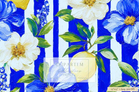 Download Blue Stripe Floral Lemon Pattern Oil Art - Pattern Collection