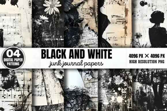 Download Black and White Junk Journal Paper Patte - Black Collection