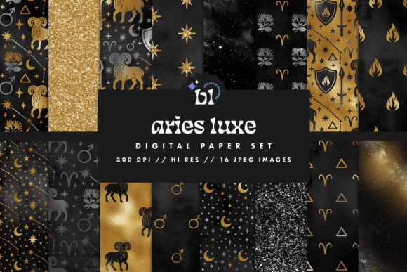 Download Black &amp; Gold Aries Zodiac Digital Paper - Black Collection