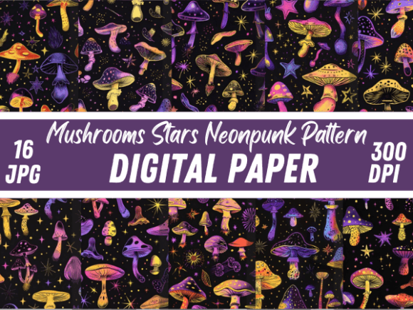 Download Neon Funky Fantasy Mushroom Star Pattern - Pattern Collection