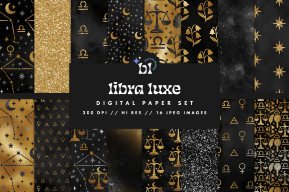 Download Black &amp; Gold Libra Zodiac Digital Paper - Black Collection