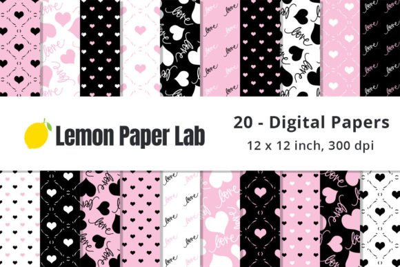 Download Light Pink &amp; Black Hearts Digital Paper - Black Collection