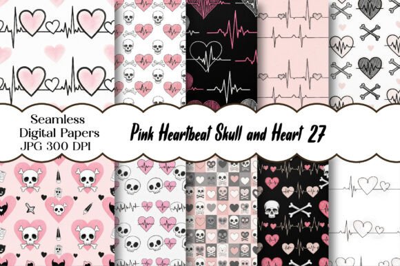 Download Pink Heartbeat Skull and Heart Pattern - Pattern Collection